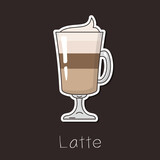 Coffee Latte with with whipped milk and cream in a glass cup. Perfect for cafe menu, sticker, icons, card, poster, tag, scrapbooking. Flat vector illustration.