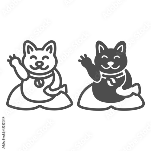 Japanese cat luck souvenir on pillow line and solid icon, asian culture concept, maneki neko vector sign on white background, outline style icon for mobile concept and web design. Vector graphics.