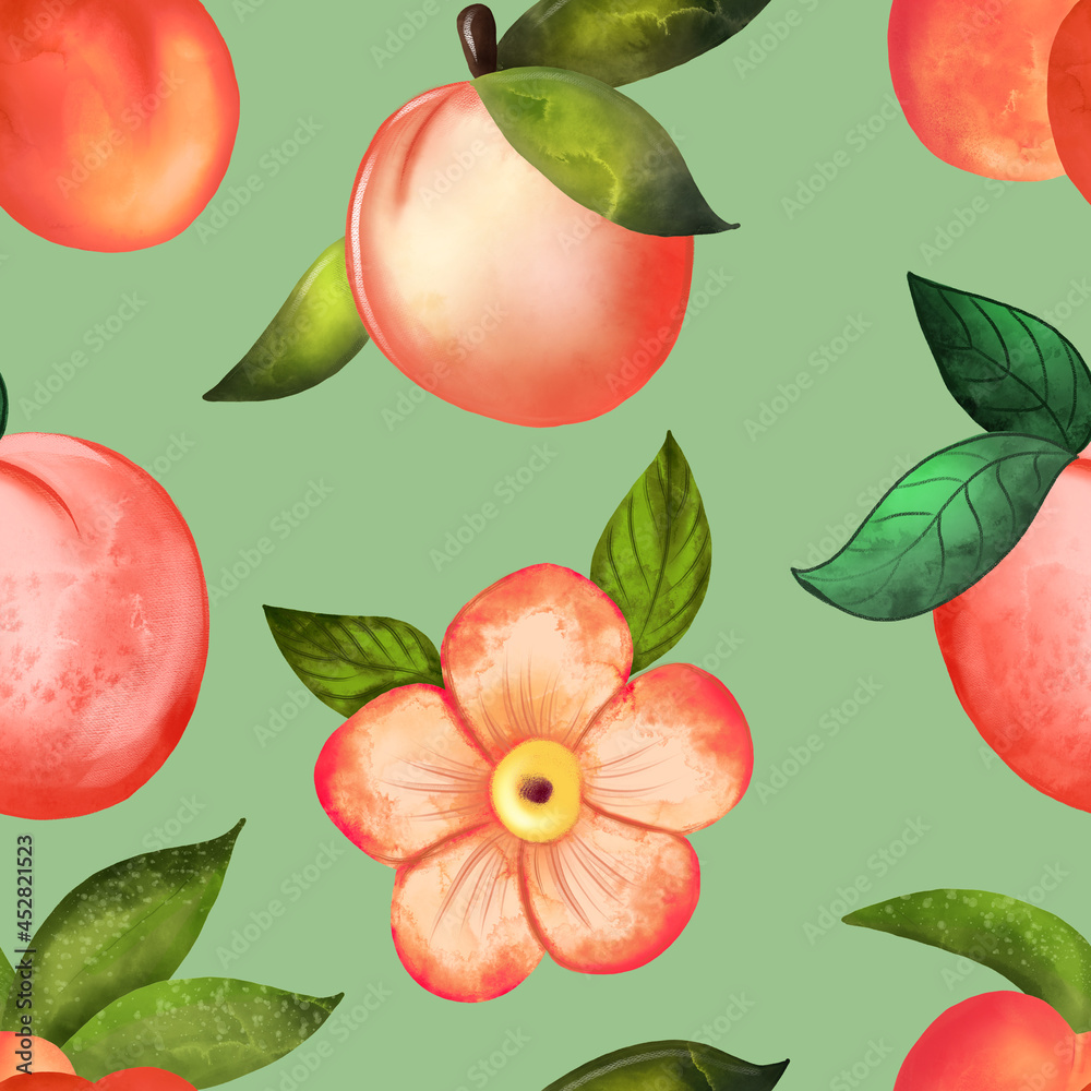 Illustration digital watercolor seamless pattern of peach and flowers Illustration digital watercolor seamless pattern of peach and flowers