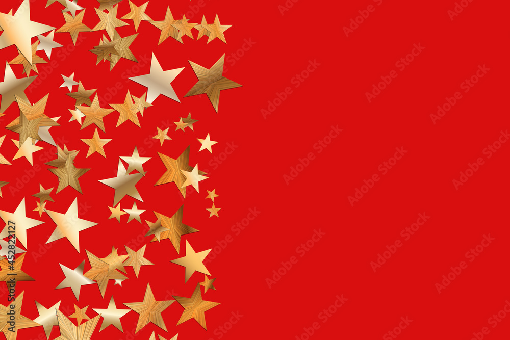 Stars golden glitter confetti isolated on blurred abstract red background. Festive holiday background. Celebration concept. Falling magic gold particles. Invitation mock up. Top view, flat lay. Stars golden glitter confetti isolated on blurred abstract red background. Festive holiday background. Celebration concept. Falling magic gold particles. Invitation mock up. Top view, flat lay.