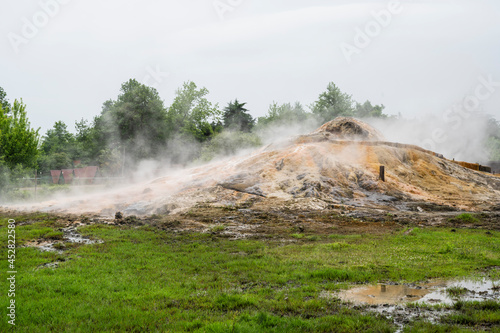 Hydrogen sulfide source, a natural spa in the Republic of Abkhazia. Cloudy day on May 21, 2021