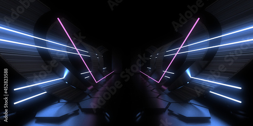 3D abstract background with neon lights. neon tunnel. .space construction . .3d illustration3 photo