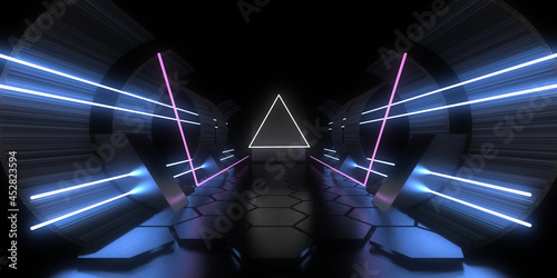 3D abstract background with neon lights. neon tunnel. .space construction . .3d illustration3 photo