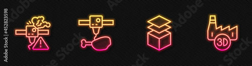Set line Layers, 3D printer warning, chicken leg and Printing house industry. Glowing neon icon. Vector