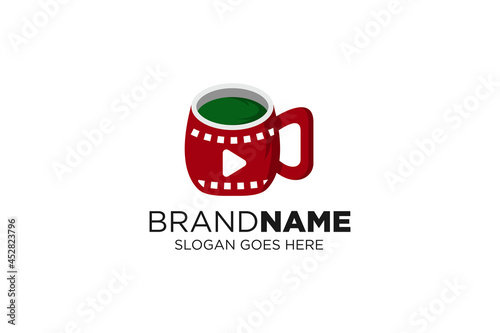 logo design drink movie template or a glass tea. combination a cup, play button symbol and film roll. isolated on white background template. horizontal layout
