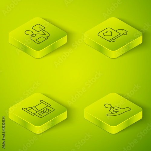 Set Isometric line Delivery truck with heart, Free overnight stay house, Caring for people and Teacher icon. Vector