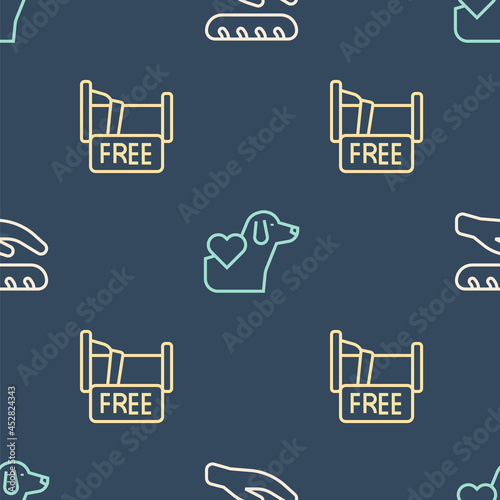 Set line Donation food, Free overnight stay house and Heart with dog on seamless pattern. Vector