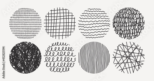 Set of Hand Drawn Linear Textures in Contemporary Style Isolated on white background. Vector Round Geometric Elements