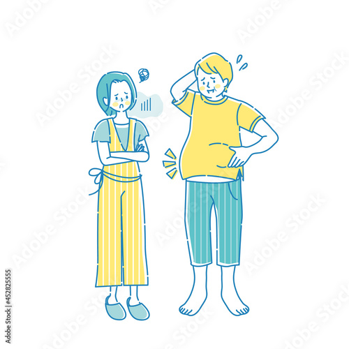 幸せ太りした男性と困った顔の女性