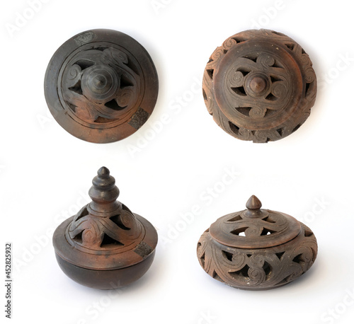 Fototapeta Traditional vintage antique ancient old metal bowl or incense burner isolated on white background