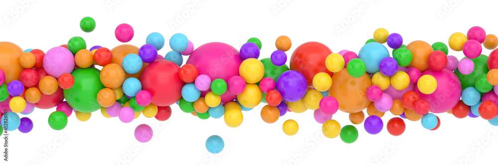 Rainbow flying spheres. Abstract composition with colorful balls in different sizes. 3D illustration.