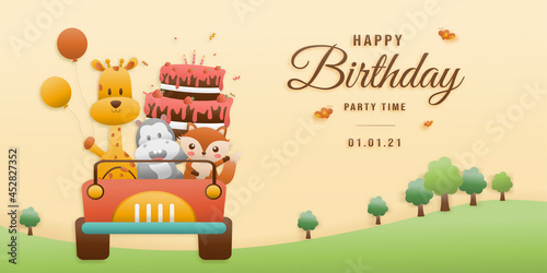 Cute birthday greeting card. jungle animals celebrate children's birthdays and template invitation paper cut and papercraft style vector illustration. Theme happy birthday.