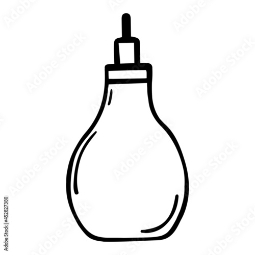 Nasal aspirator for babies vector icon. Hand drawn syringe doodle isolated on white background. Medical instrument for rinsing the nose. Silicone equipment for newborn care. Monochrome sketch.