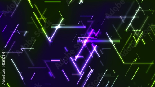 Green and violet neon laser lines abstract tech background