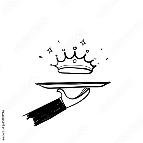 hand drawn doodle serving crown on tray symbol for exclusive service icon illustration