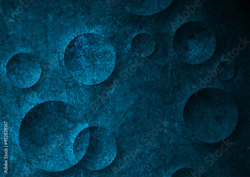 Dark blue circles abstract tech grunge background. Geometric vector design