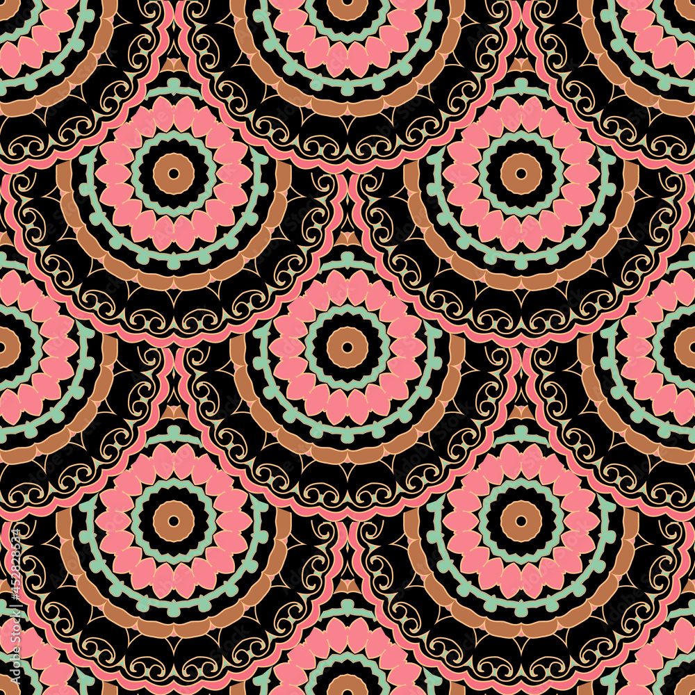 Floral tiled round mandalas seamless pattern. Colorful Paisley flowers background. Abstract vector backdrop. Geometric ethnic ornament. Modern design with Flowers, leaves, shapes, lines, circles