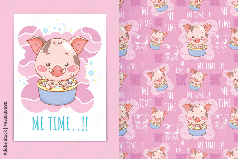 cartoon illustration of cute baby pig in the bathtub and seamless pattern set cartoon illustration of cute baby pig in the bathtub and seamless pattern set
