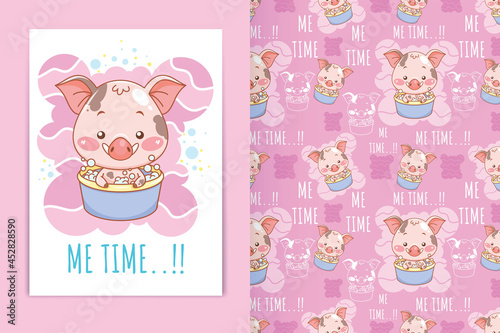 cartoon illustration of cute baby pig in the bathtub and seamless pattern set © guloabang