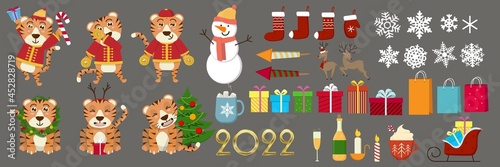 Cute funny 2022 New Year symbol tiger. Vector cartoon kawaii character illustration icon. Happy Chinese new year greeting card 2022 with cute tiger. Animal holidays cartoon character.