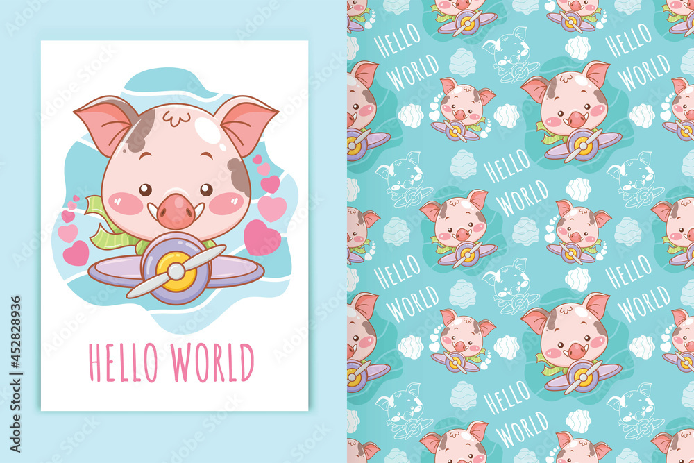 cartoon illustration of a cute baby pig riding a plane and seamless pattern set cartoon illustration of a cute baby pig riding a plane and seamless pattern set