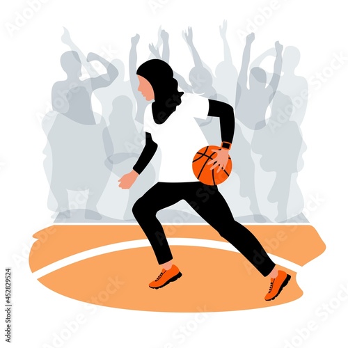 A Muslim girl in a black traditional hijab dribbles an orange ball in a team game. Basketball match, silhouettes in the stands. Vector illustration. EPS10