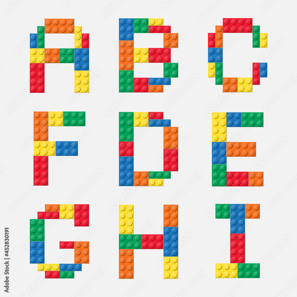 Alphabet colorful brick block toy like Lego, brick fonts for children poster, Letter design, banner, logo, sales promotion, online shopping, print for kids. Stock Vector | Adobe Stock