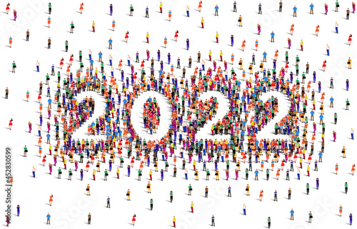 2022 happy new year greeting card design. A large group of people form to create the year number 2022 or twenty twenty two