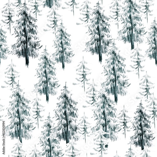 Seamless pattern with coniferous trees - Christmas trees, firs. Siberian nature, northern landscape, spruce. Winter trees drawn in pencil. Graphic style. For wallpapers, textile design, gift wrapping