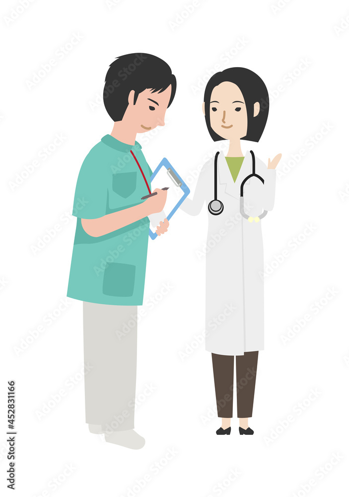 打合せする若い女性医師と男性看護師
