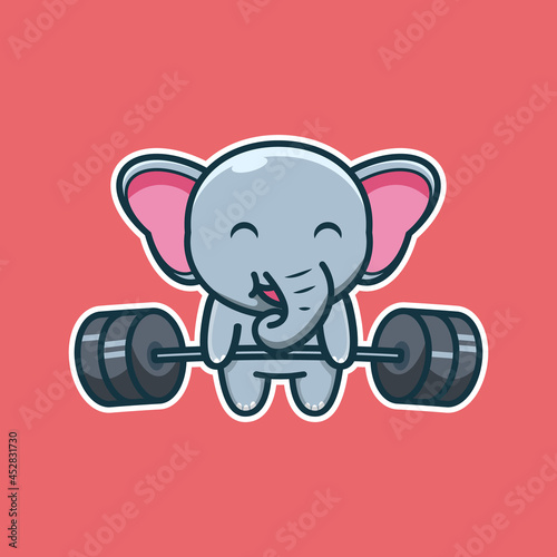 vector illustration of cute elephant 
lifting barbell