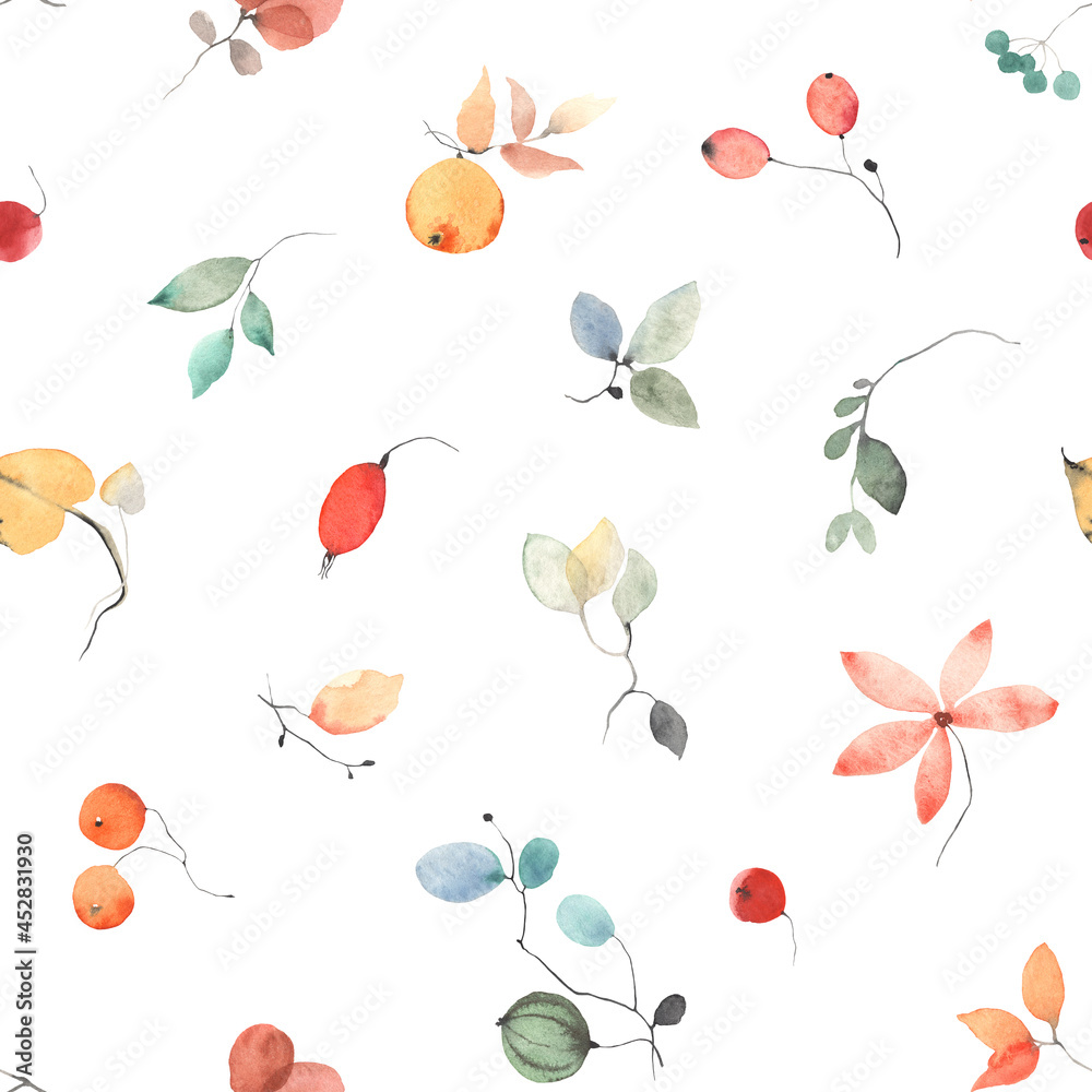 Floral abstract pattern with leaves and berries, seamless colorful print, autumn watercolor illustration on white background.