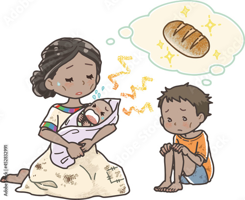 SDGs お腹を空かせる親子のイラスト