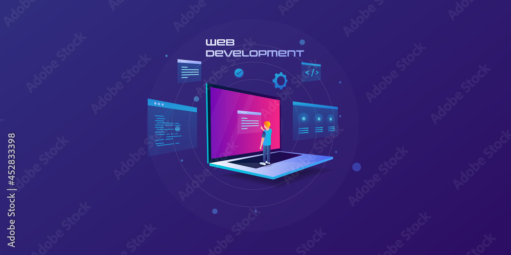 Web development, programming, coding analysis, software engineer monitoring coding language on laptop screen, ui,ux web interface technology, internet business app concept, web banner template.