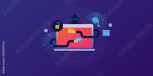 Hacker attack stealing personal and financial data from laptop, computer security breach, cyber crime in progress, hacking bank and credit card details concept.  Web banner landing page.