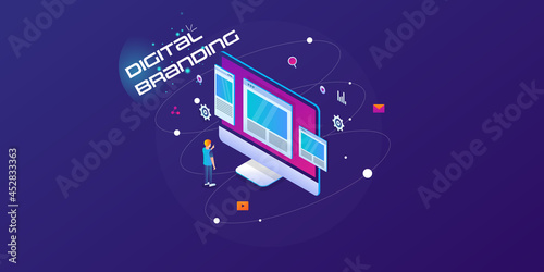 Digital branding isometric design concept, young man browsing brand website on internet, business communication technology, brand promotion strategy, marketing advertising concept.