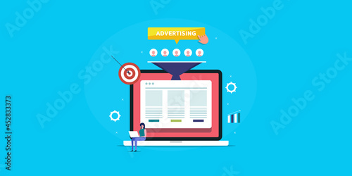 Lead generation strategy, digital advertising campaign generating new leads with landing page, targeting new customers with attractive advertising offer, woman entrepreneur with laptop, business.
