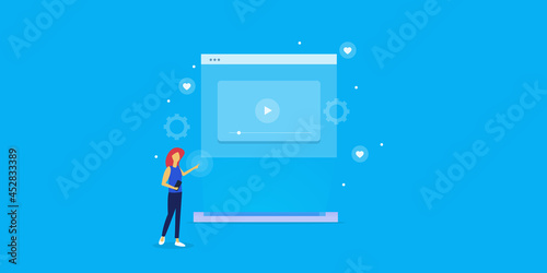 Social media video content on mobile interface, female mobile user interacting with web video content, video marketing and audience engagement concept. Flat design banner with female character. 