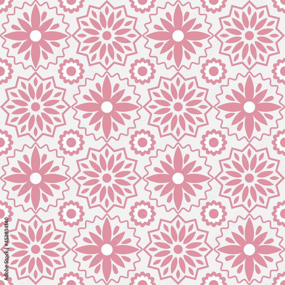 Floral seamless background. Geometric ornament from flowers. Graphic modern pattern in pink tones on a white background.