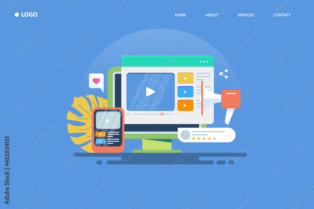 Website video content, video app on mobile screen, social media video promotion, influencer marketing, blogging concept, flat design web banner template. Website video content, video app on mobile screen, social media video promotion, influencer marketing, blogging concept, flat design web banner template.