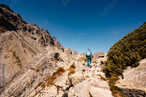 Hiking the Great Cold Valley/ velka studena dolina/ to Zbojnicka cottage and teryho cottage through priecne saddle. High Tatras National park , Slovakia. photo