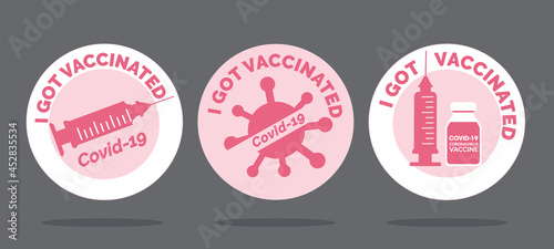 Bottles and Syringes, I got vaccinated covid-19 logo, Vaccination against coronavirus, Immunization Treatment, Pink icon for print, Health care Vector Illustrator EPS 10.	