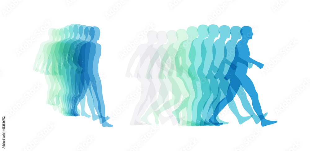 Transparent overlapping colors silhouettes. Walking man. Animation frames. Vector illustration for print, web site, poster, placard or wallpaper. Transparent overlapping colors silhouettes. Walking man. Animation frames. Vector illustration for print, web site, poster, placard or wallpaper.