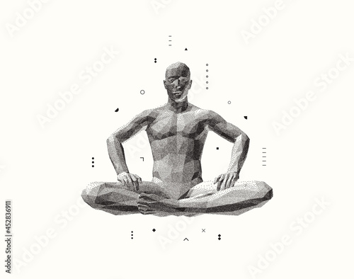 Relaxed man sits in lotos posture. Time for yoga, meditation or relaxation. Fitness concept. Healthy lifestyle. 3D model of man. Vector illustration.