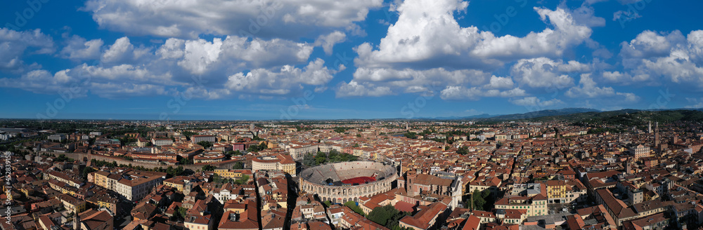 Italian colosseum panorama top view. Piazza Bra panoramic aerial view. Historical part of the city of Verona, Italy.
