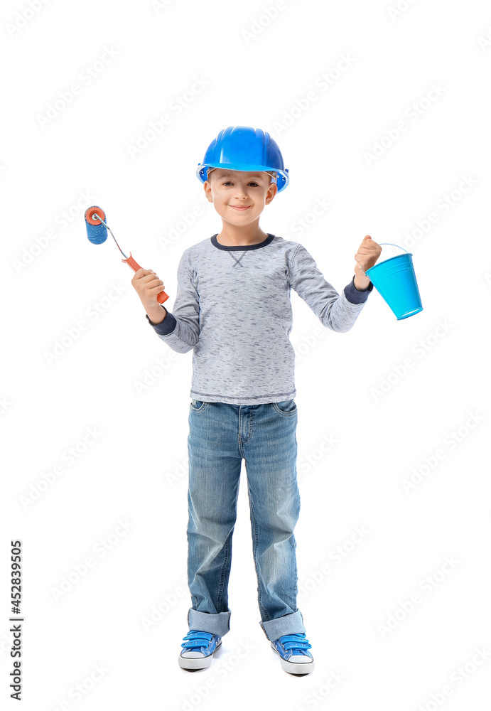 Little painter with roller and bucket on white background Little painter with roller and bucket on white background