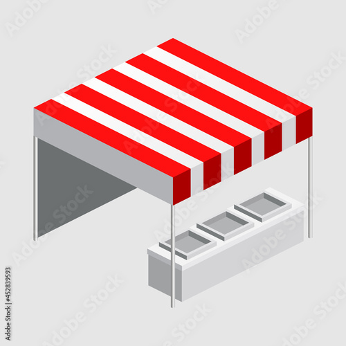 Isometric market stall, tent. Street awning canopy kiosk, counter, white red strings for fair, street food, market, grocery goods. Vector isolated