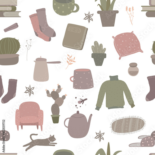 Vector seamless pattern with furniture and plants in the apartment of the Scandinavian Interior. Cozy home pattern. Interior hand-drawn decoration