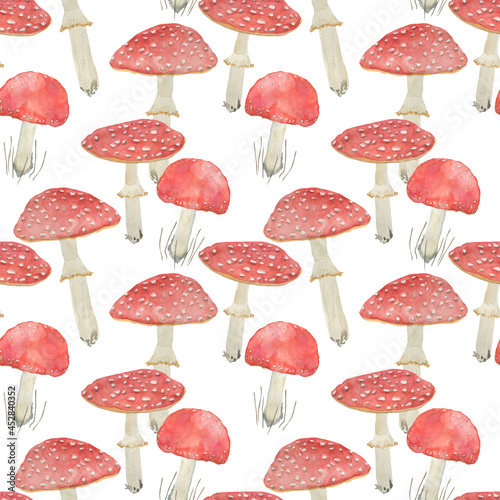 Watercolor painting seamless pattern with amanita mushrooms