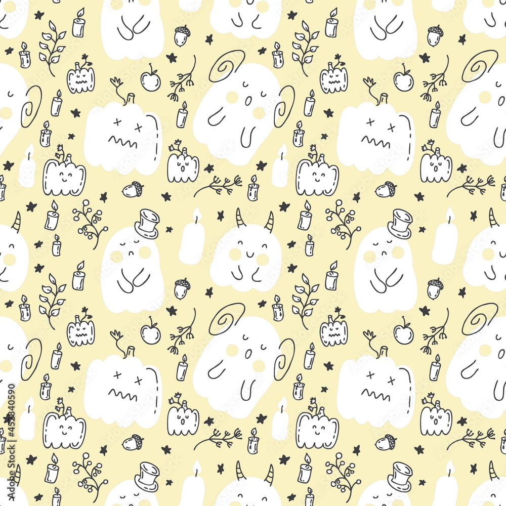Seamless pattern with ghosts and autumn elements. Perfect for scrapbooking, poster, textile and prints. Hand drawn illustration for decor and design. Seamless pattern with ghosts and autumn elements. Perfect for scrapbooking, poster, textile and prints. Hand drawn illustration for decor and design.
